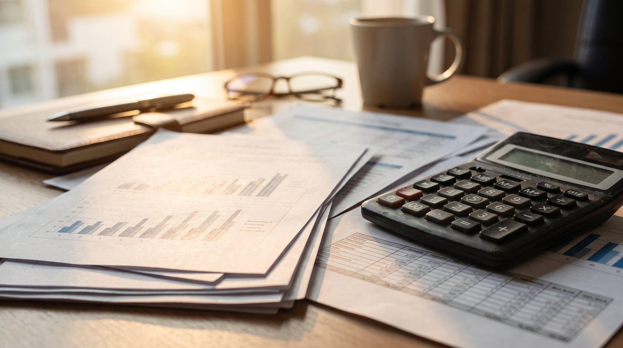 Finanzierungsunterlagen mit Taschenrechner (KI-generiert)
