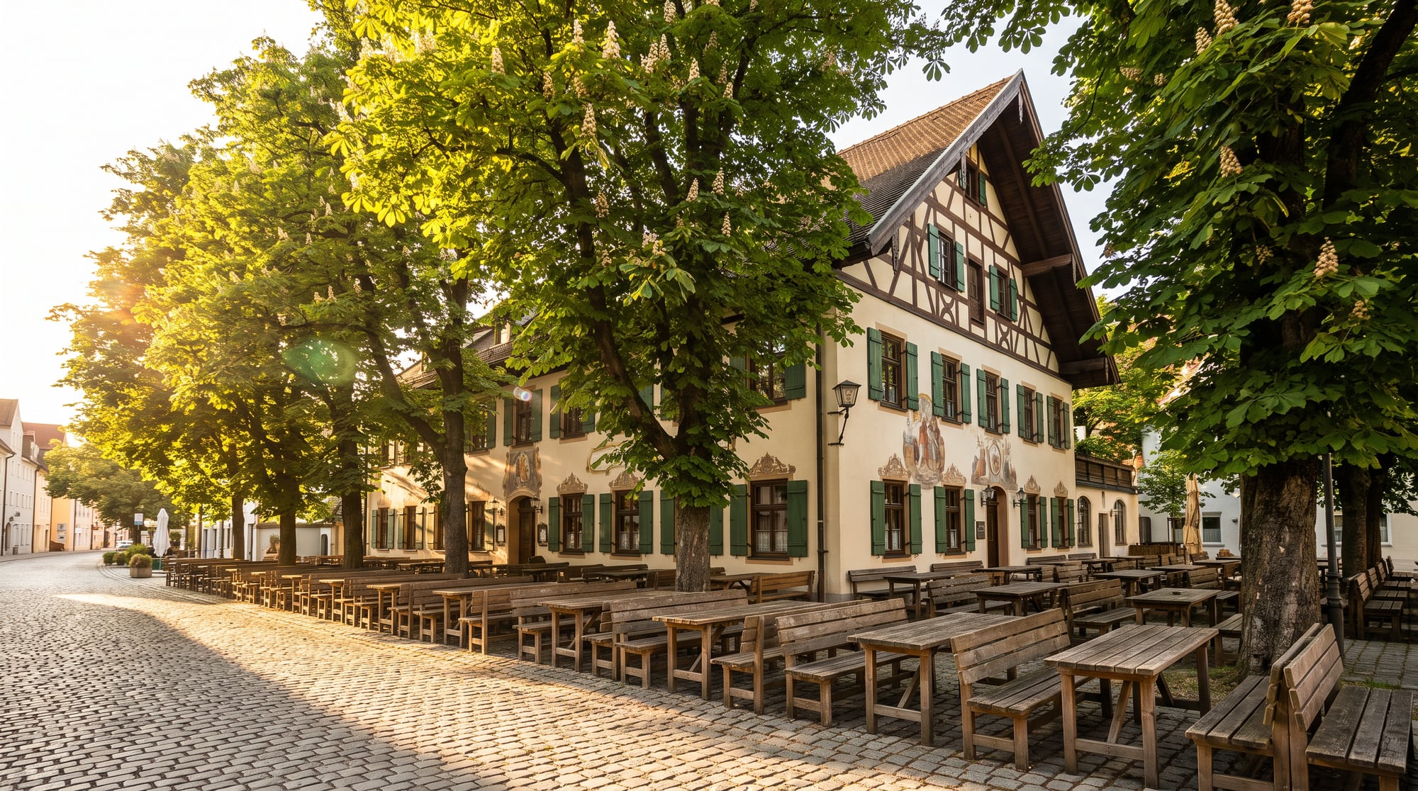 Bayerisches Wirtshaus an einer ruhigen Straße (KI-generiert)