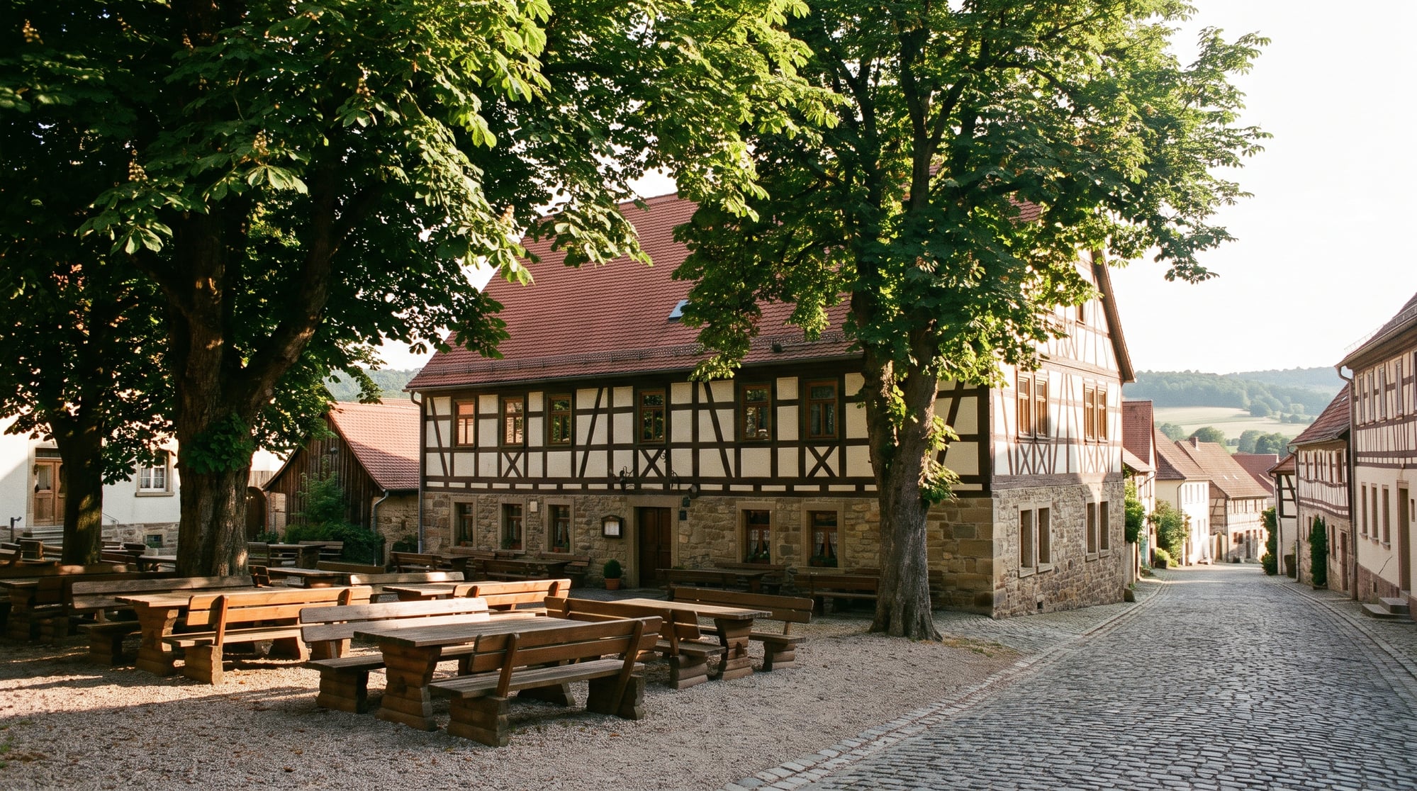 Traditional inn with a beer garden beneath chestnut trees (AI-generated)