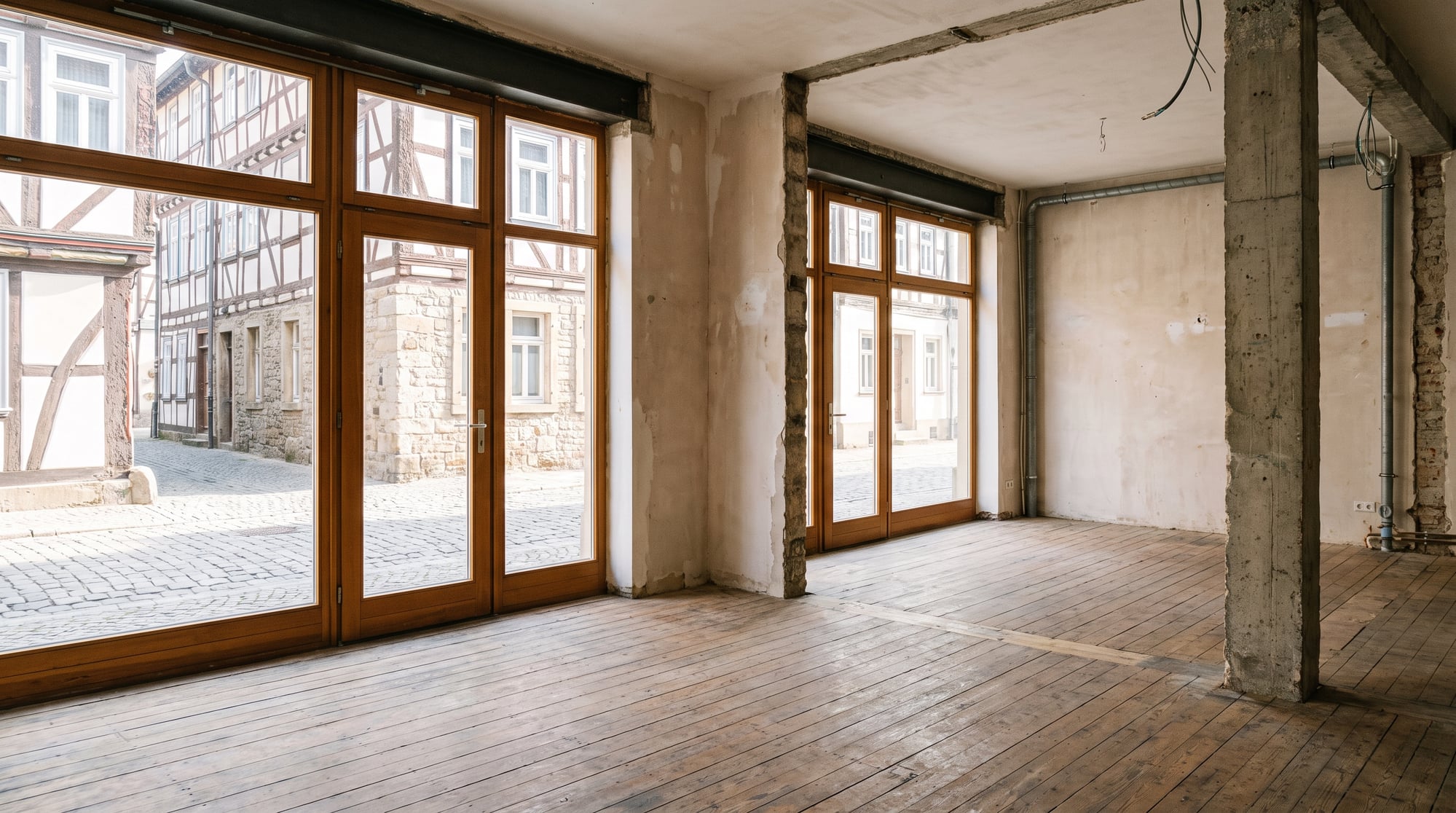 Empty ground-floor commercial space with large shop windows (AI-generated)