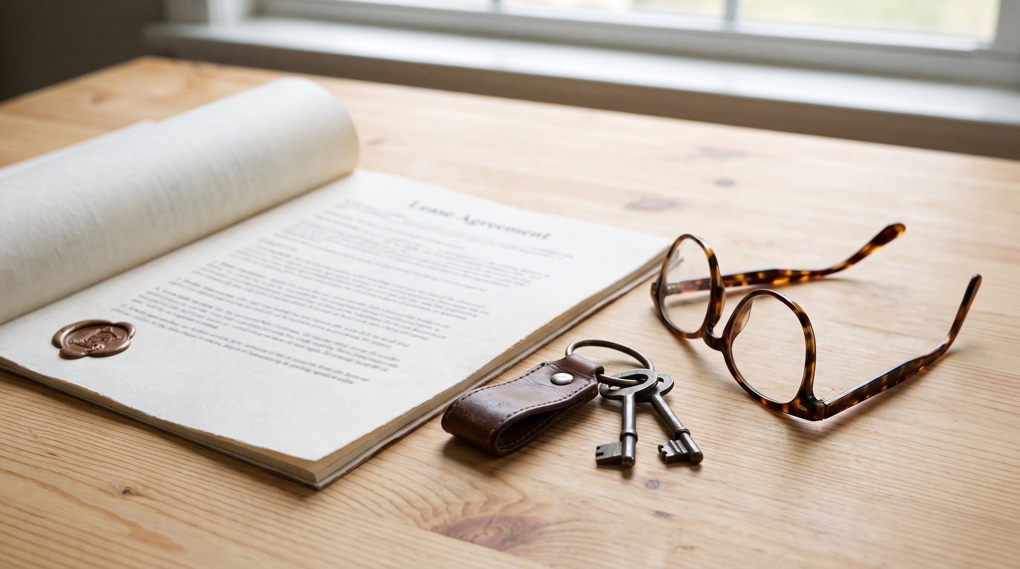 Lease agreement with keys and reading glasses (AI-generated)