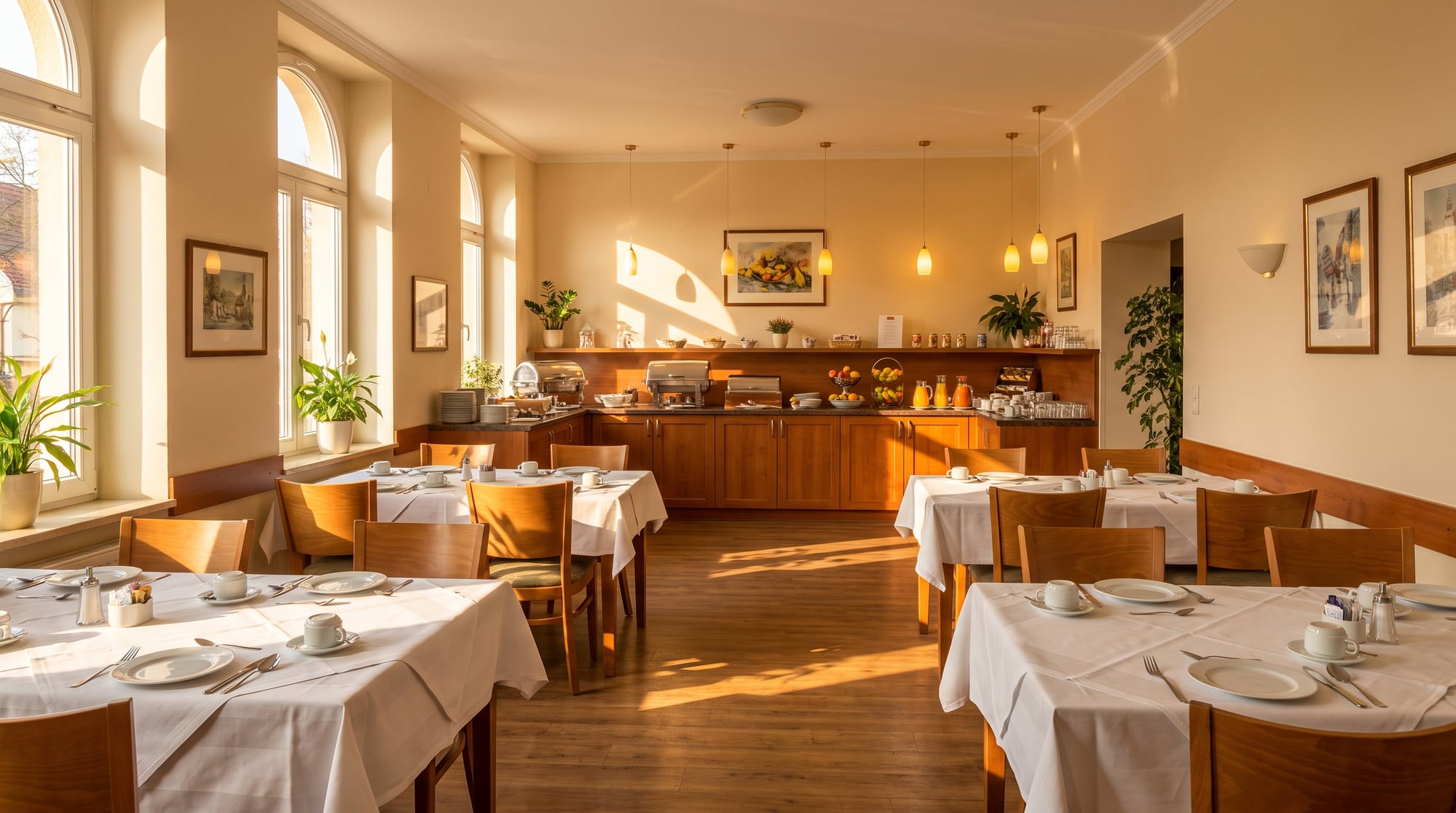Bright hotel breakfast room in the morning (AI-generated)