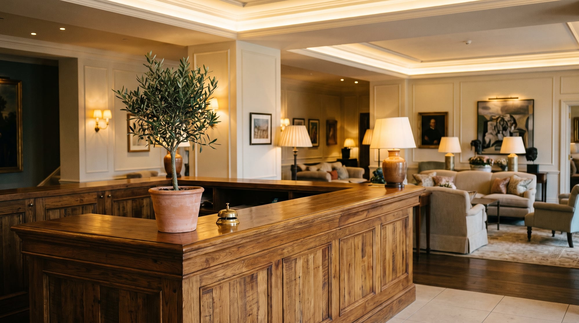 Hotel reception desk with a wooden counter (AI-generated)