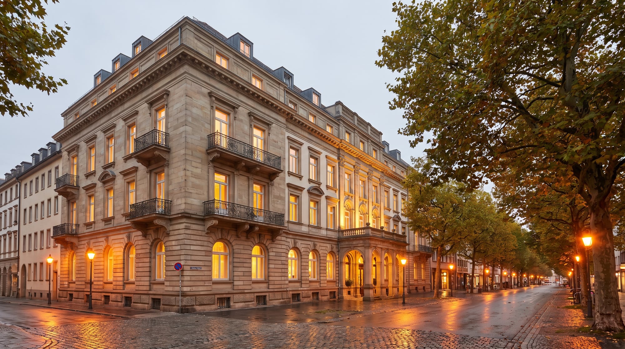 Elegantes Stadthotel am Abend (KI-generiert)