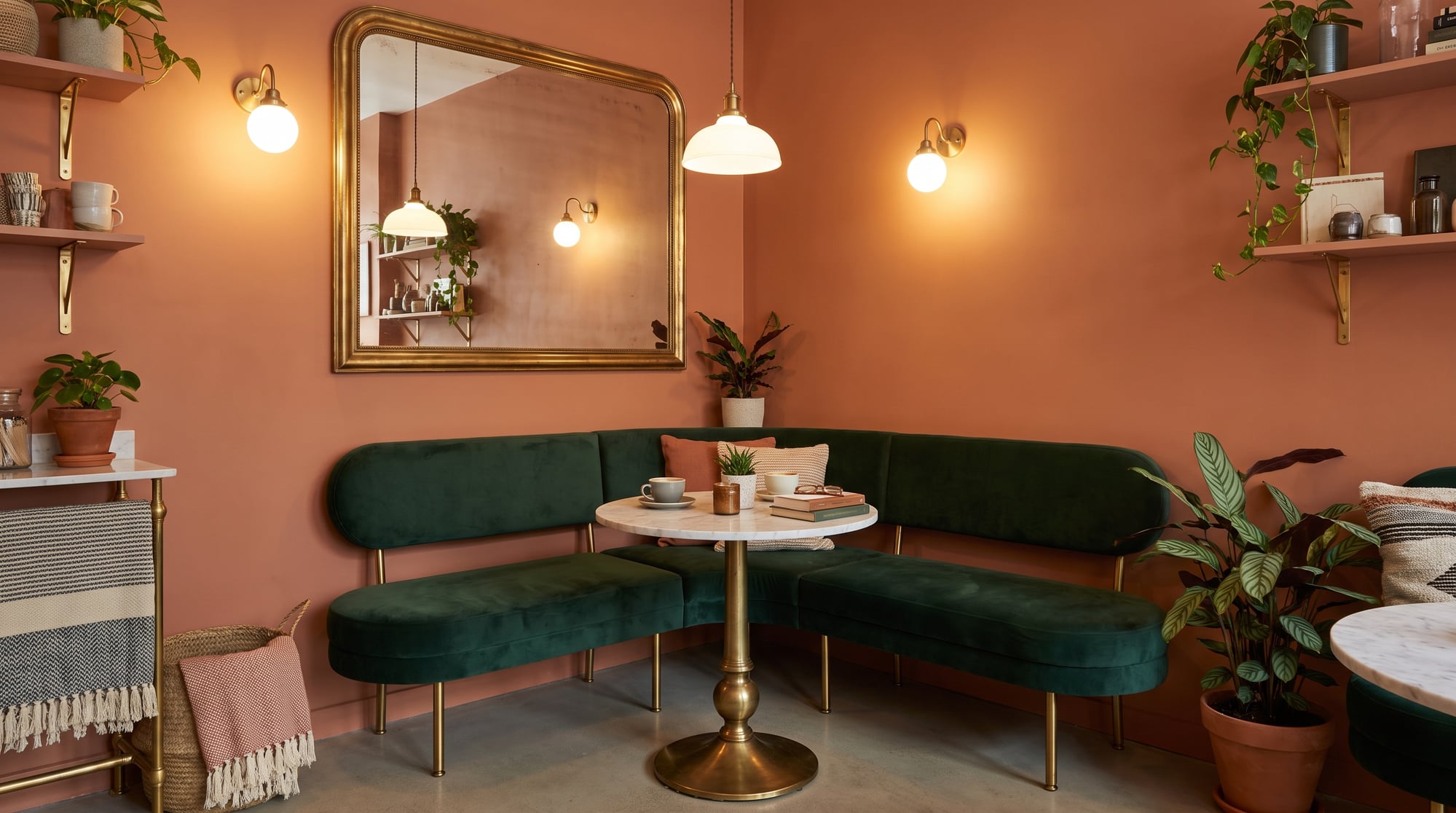 Cosy café corner with a velvet bench and marble table (AI-generated)
