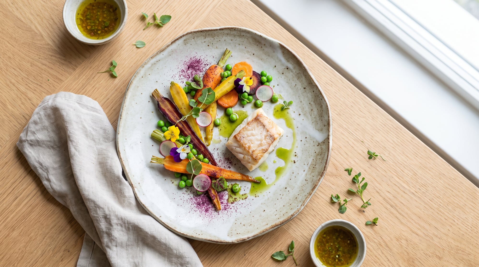 Artfully plated dish photographed from above (AI-generated)