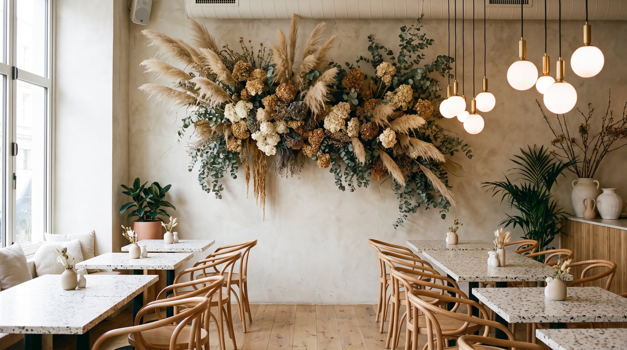 Photogenic modern restaurant interior with a dried-flower installation (AI-generated)