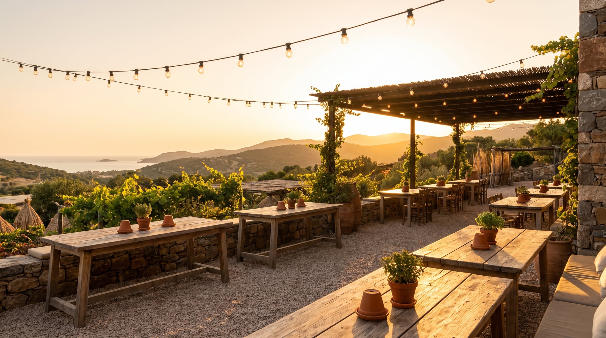 Restaurant terrace with string lights during golden hour (AI-generated)