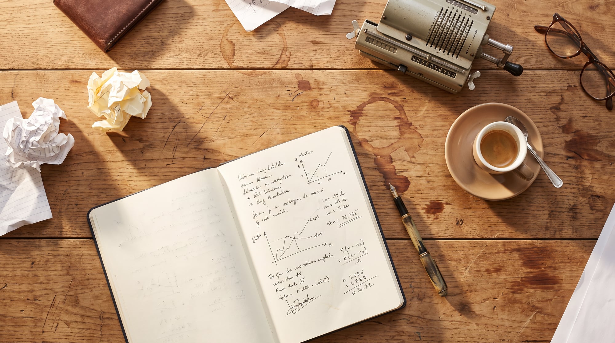 Notizbuch mit Berechnungen, Taschenrechner und Espresso (KI-generiert)