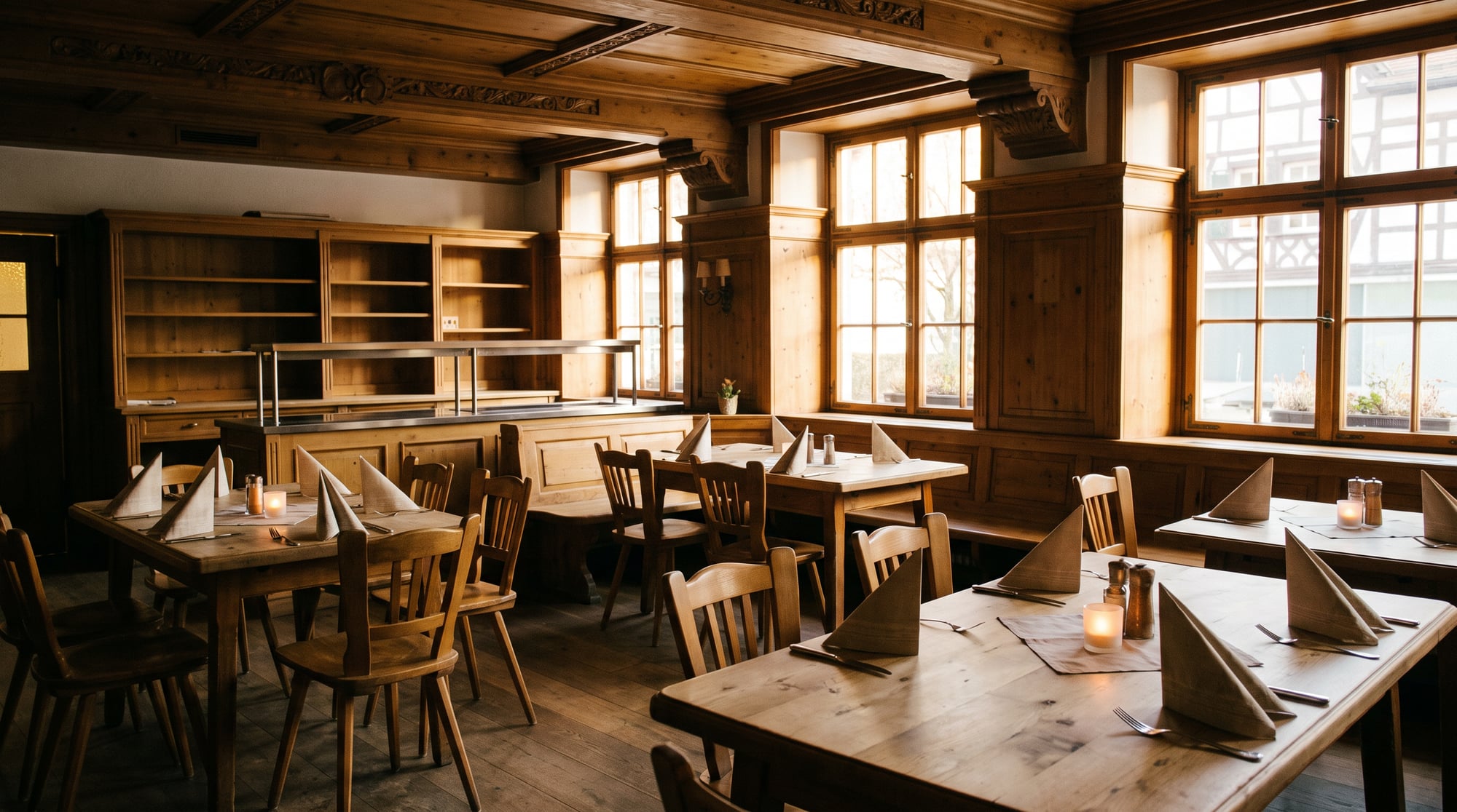 Empty, set dining room of a Bavarian restaurant in the early evening with an unoccupied bar (AI-generated)