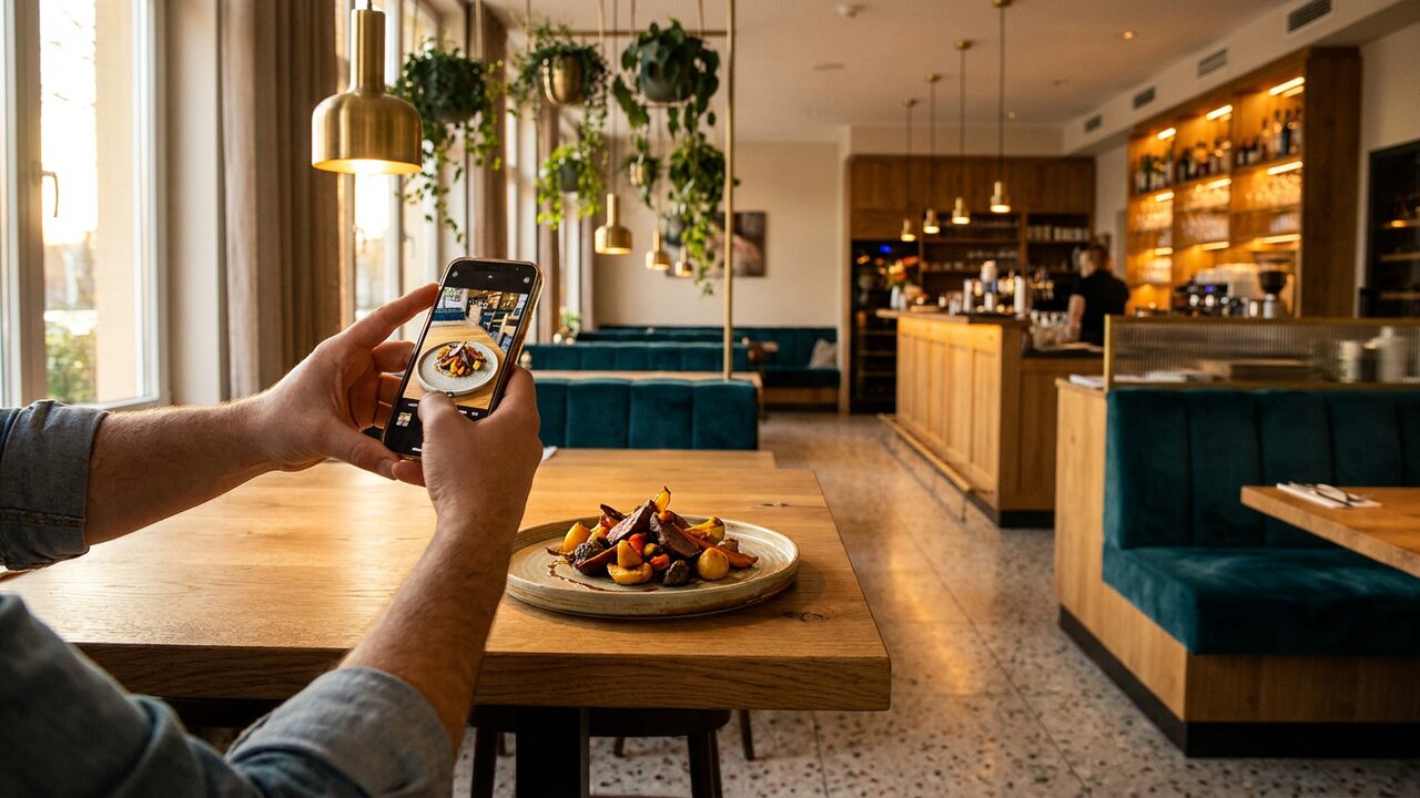 Person photographing a dish with a smartphone in a modernly designed restaurant – Instagramability as a success factor in gastronomy